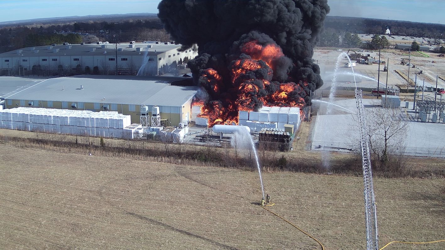 Drone perspective of an industrial fire