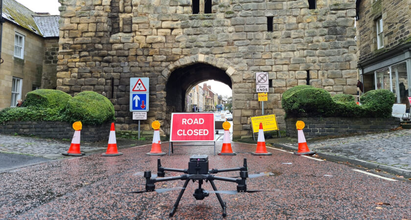 Historical Bondgate Tower Inspection - M300 on the ground