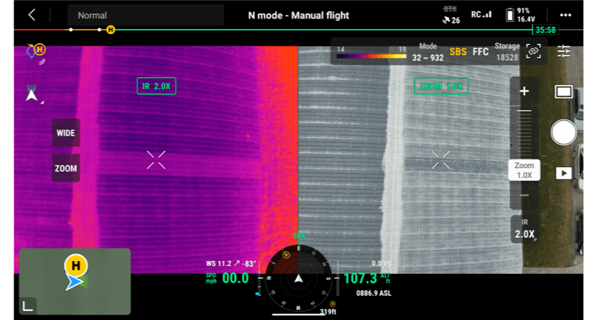 DJI roof-inspection example showing visible and infrared roof views in a controller interface
