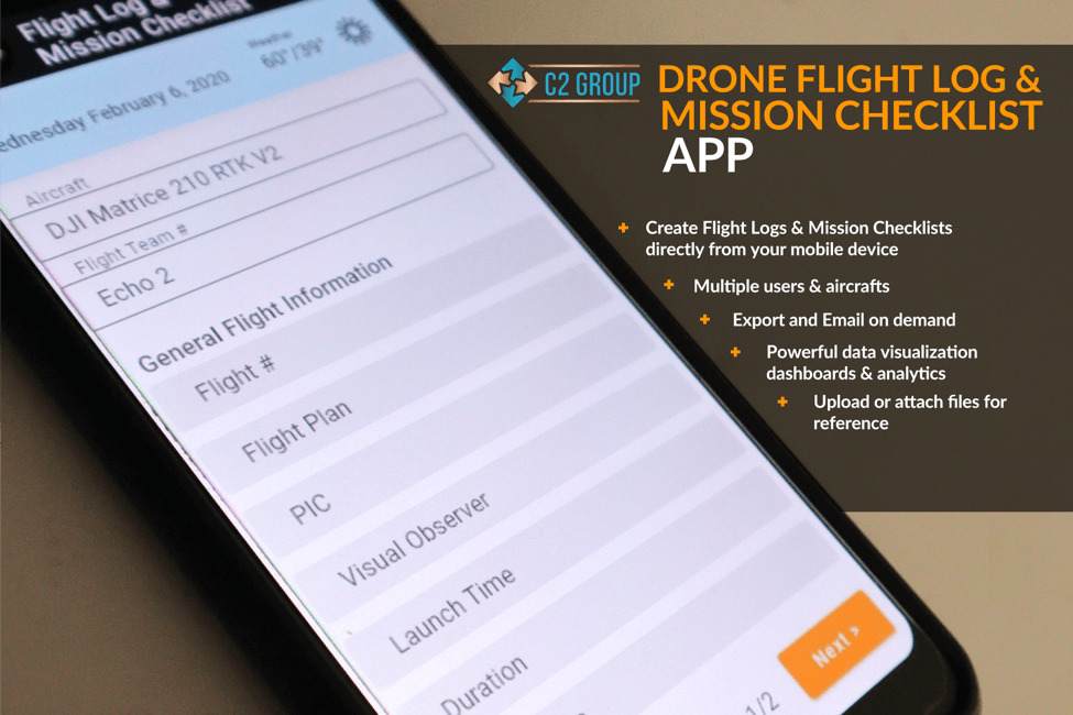 C2 graphic and app screen grab illustrate the many features of their fleet and flight management app, which was coded in-house.