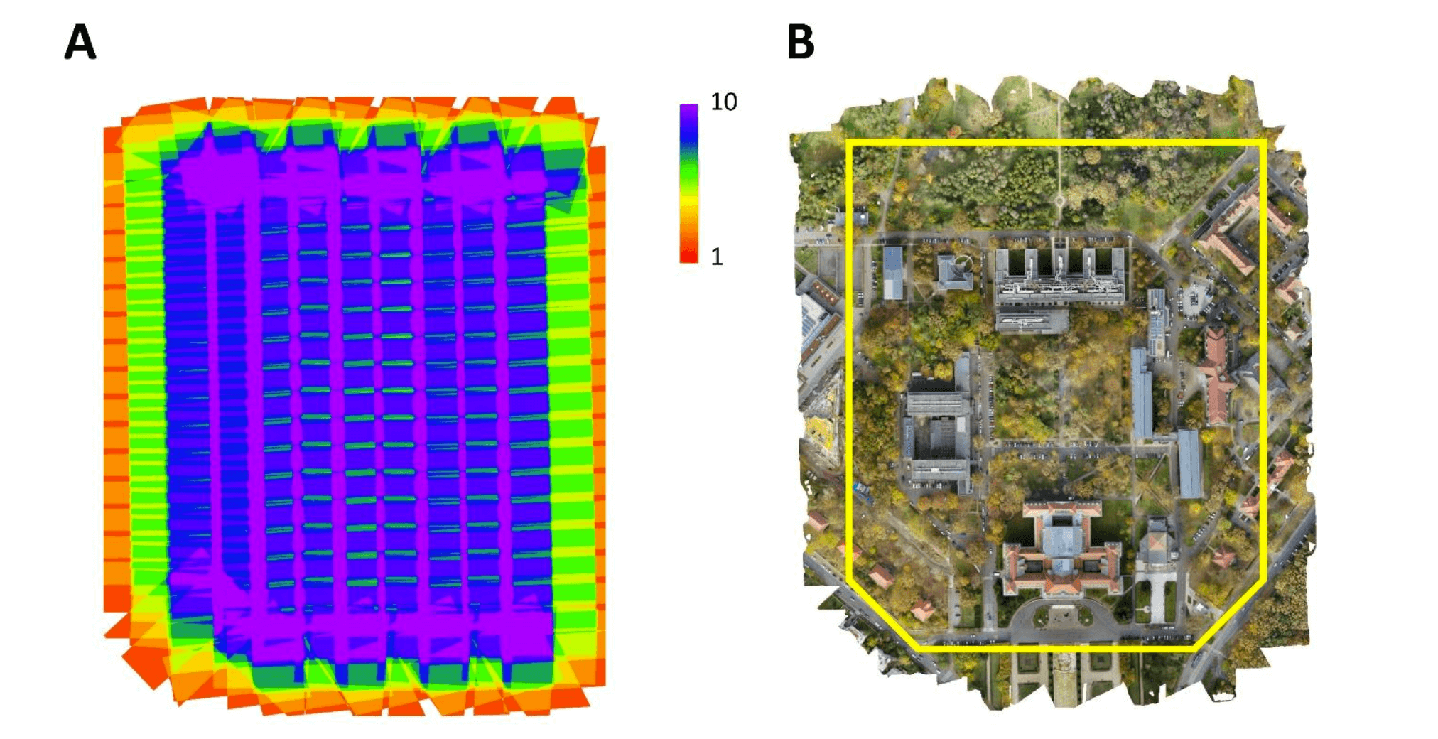 Images taken by the commercial drone (A) and the sample area at the University of Aberdeen (B)