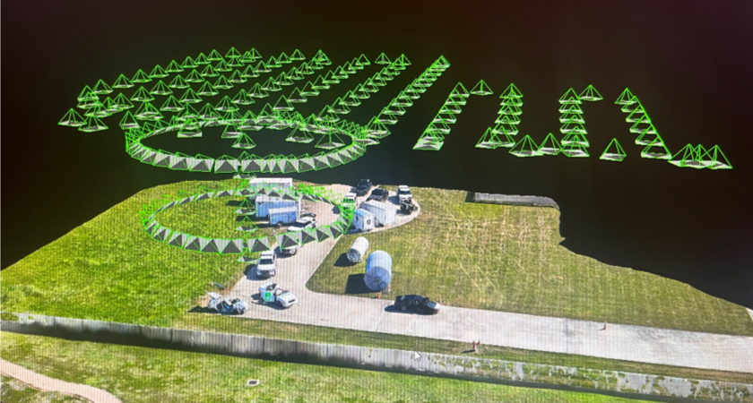 DJI photo-based accident reconstruction example with camera-position markers surrounding a road scene